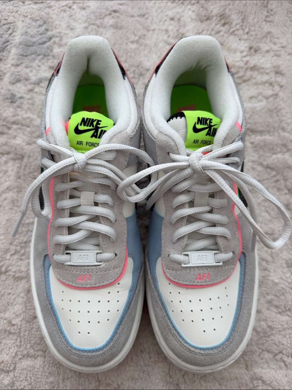Nike Air Force 1 Shadow Sunset Pulse Low Top Sneakers in White, Gray & Neon